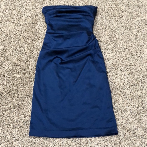 Nicole Miller Collection Midi Dress Size 2 Navy Blue Satin Ruched Strapless - Picture 3 of 7